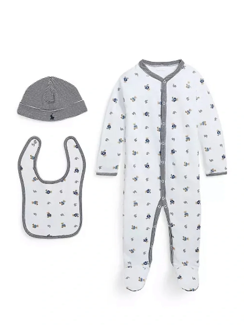 NWT Ralph Lauren Baby Polo Bear 3-Piece Cotton Gift Set - White with Navy 3M